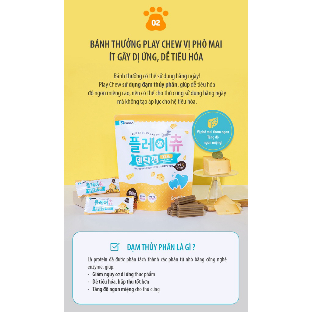 Bánh Thưởng Chó Dhuman Play Chew Dental Gum Cheese 10g – Snack Chó Sạch Răng, Ít Dị Ứng, Dễ Tiêu Hóa, Vị Phô Mai - Ảnh 2